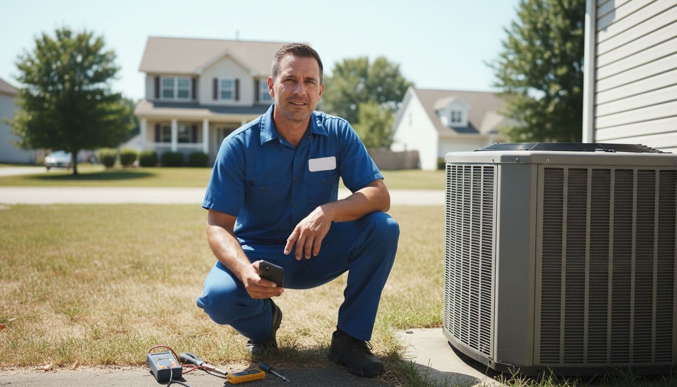 Sweaty HVAC technician in uniform checks AC unit outside a residential house on a hot summer day, phone in hand ready for a service call, tools scattered on the ground under bright sunlight.