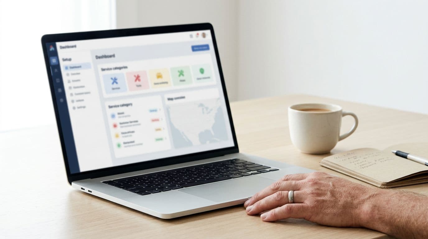 Subtle isometric view of a generic ad dashboard on a laptop screen at an angle with blurred details, HVAC technician's hand resting on desk nearby, coffee mug and notebook, clean modern editorial style with bright lighting.
