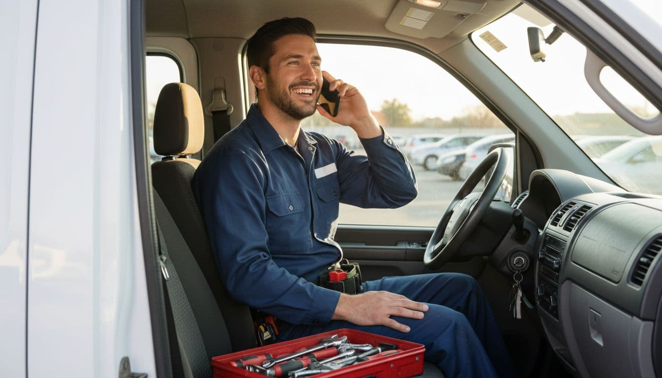 Smiling HVAC technician answers phone in service van, tools on passenger seat, sunny parking lot background.