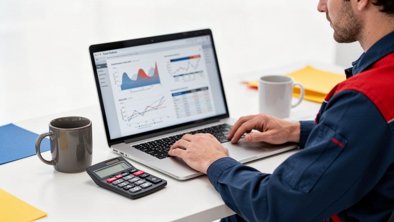 A relaxed HVAC technician views subtle isometric bidding charts and budget graphs on a blurred laptop screen prop, with a mug and calculator on the desk, in a clean modern editorial style with bright natural lighting.