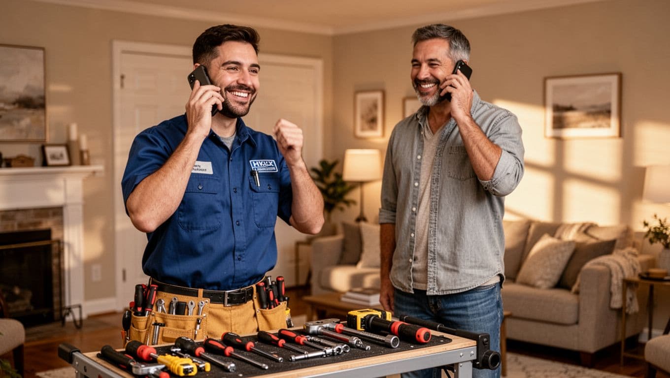 A smiling HVAC service technician answers a phone call from a Google Ads lead in a cozy home setting with tools nearby and a happy customer in the background.