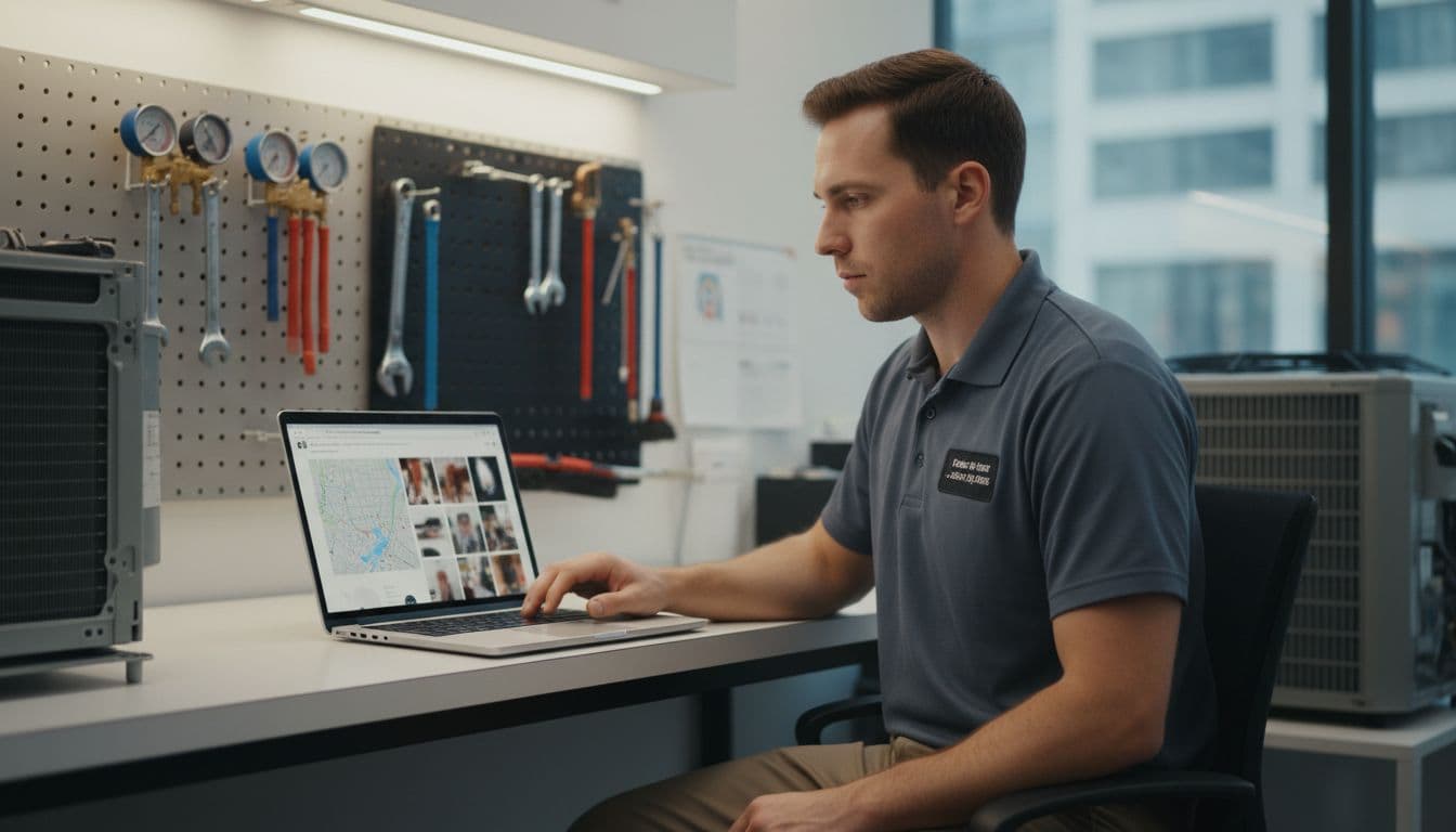 HVAC technician at a service desk reviews Google Business Profile on a laptop, with local map and business photos visible on the angled screen, tools in the background, bright office lighting, realistic photo.