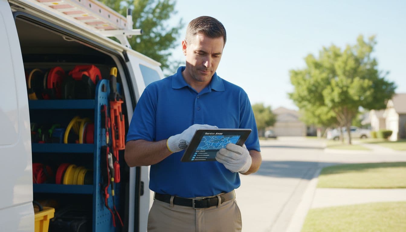 HVAC technician outdoors near a van with equipment, holding a tablet showing map outline for selecting service areas and job types in Local Services Ads, sunny day, realistic photo, one person with relaxed hands, no text.