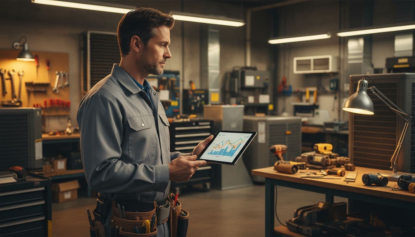 40s HVAC technician stands in workshop holding tablet with blurred ads stats graph amid AC units and tools.