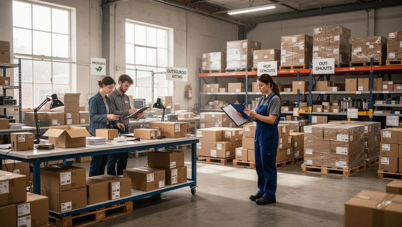 Photorealistic warehouse depicting a hybrid packaging setup featuring an in-house packing table and outsourced kitting area, with a supervisor reviewing boxes on a clipboard and pallets staged for shipping under soft natural light.