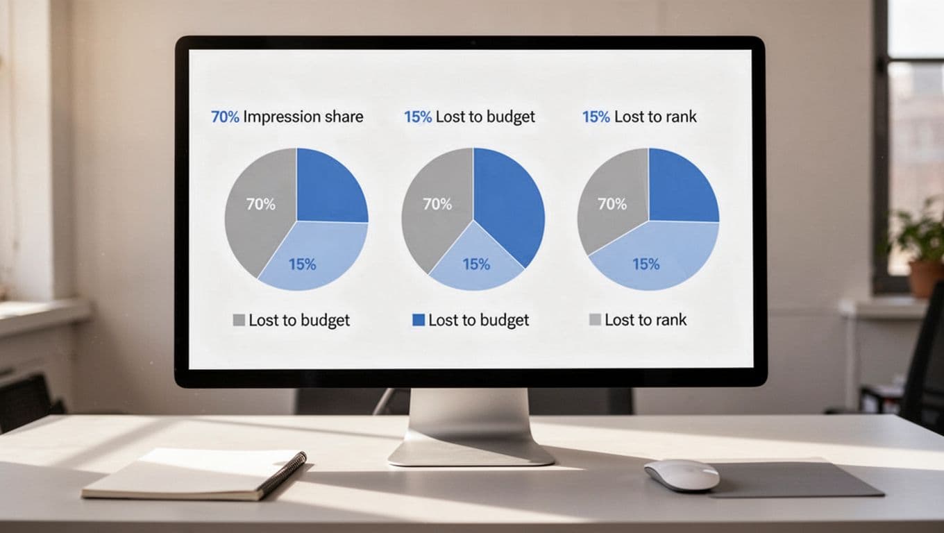 Computer screen shows three pie charts for impression share metrics on a desk with mouse and notepad.