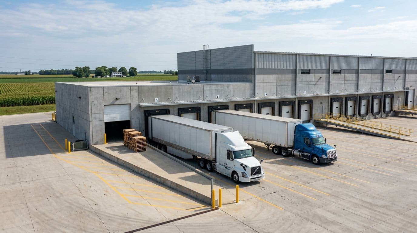 Photorealistic modern Midwest warehouse exterior in Indiana featuring efficient loading docks with two short-haul semi-trucks parked for deliveries to Chicago and St. Louis, pallets on docks, flat farmland under blue sky.