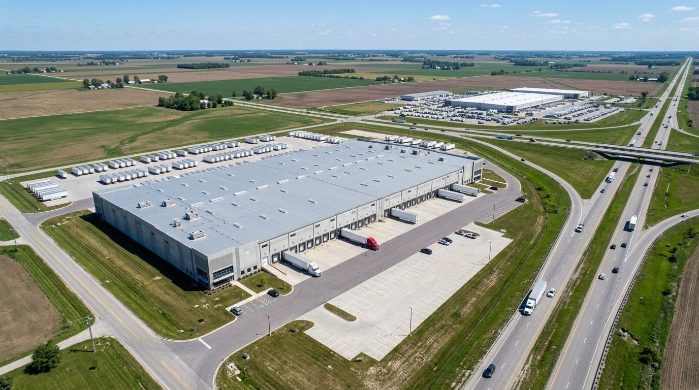 Photorealistic aerial view of a modern Midwest warehouse facility in Indiana near I-65 and I-70, showing loading docks with two LTL trucks parked and a parcel hub in the distance amid flat farmland under a clear blue sky.