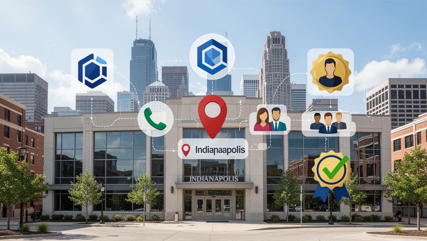 Professional vector illustration of a modern Indianapolis office exterior with subtle overlay icons for organization logo, address pin, phone symbol, team silhouette, and verified badge against a city skyline in bright daylight.