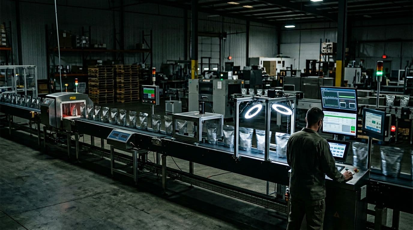 Photorealistic image of a fast-moving packaging conveyor line in a dimly lit industrial warehouse, showing pouches passing through QA checkpoints like checkweigher, metal detector, leak tester, vision camera for seal inspection, and code reader, monitored by one operator at the control panel.