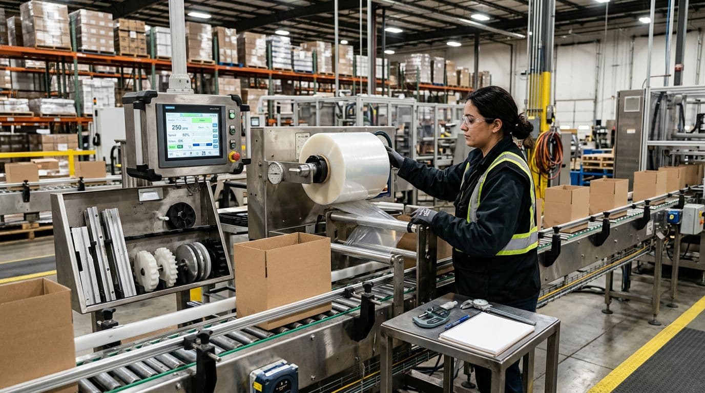 A photorealistic image of a packaging line setup in a busy industrial warehouse, featuring exactly one operator verifying film rolls, cartons, and change parts at the conveyor while checking digital settings on the control panel with calibration tools nearby.