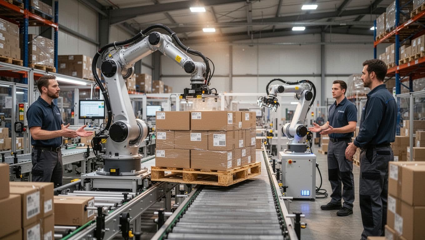 Photo-realistic dynamic shot of an industrial robot arm precisely palletizing stacked cardboard boxes on a packaging production line in a modern warehouse, assisted by a collaborative robot and supervised by exactly two relaxed operators under overhead soft lighting.