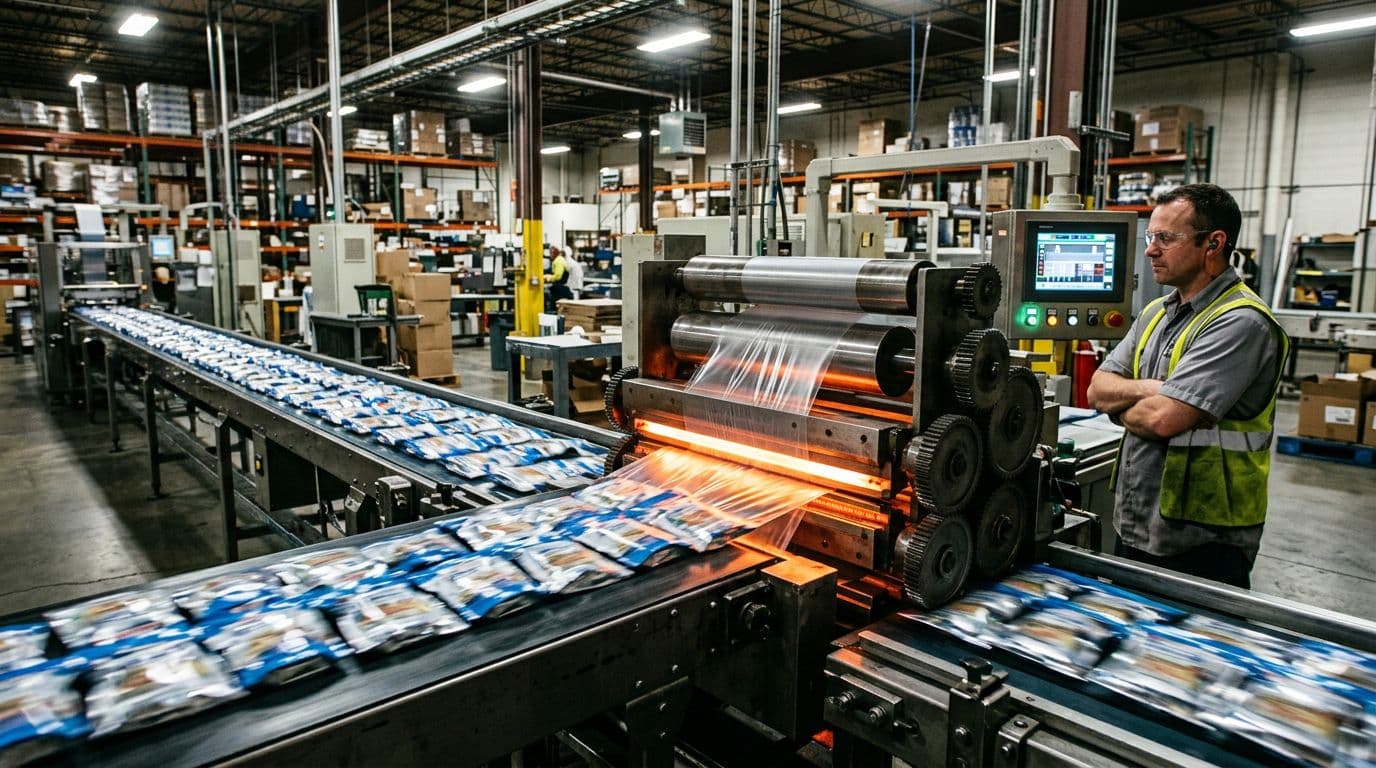 Photorealistic view of a high-volume packaging line in a busy industrial warehouse, with a fast-moving conveyor belt carrying plastic pouches past glowing orange sealing jaws and pressure rollers, monitored by one operator at a digital control panel.