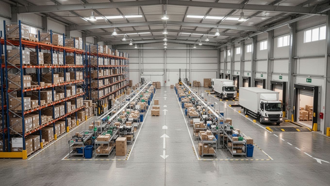 Wide view of empty integrated warehouse facility showing seamless flow from high storage racks to picking aisles, packing stations, and outbound loading docks.