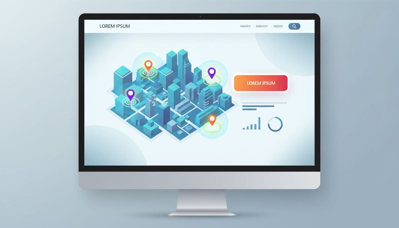 Interactive city map embed with service radius circles and pins next to a prominent call-to-action button mockup on a responsive desktop webpage in clean modern flat design.