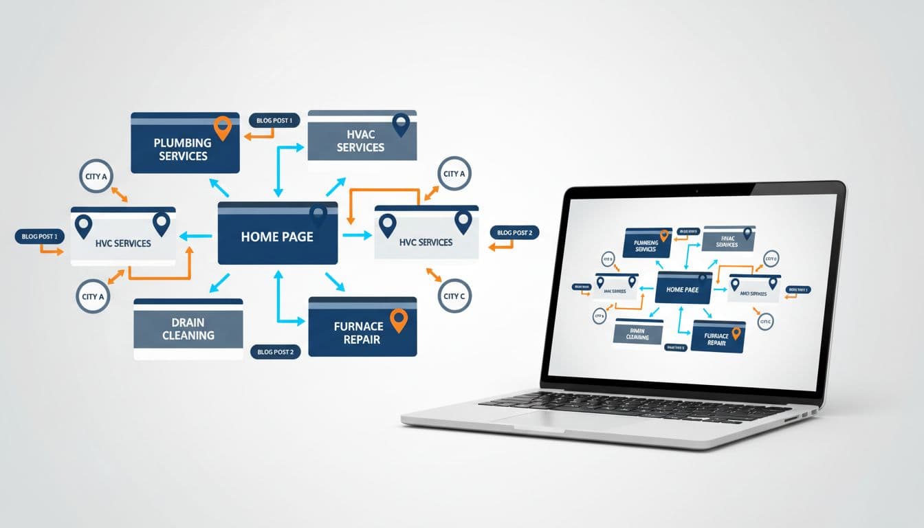 Clean modern illustration of interconnected website pages forming a local map with pins for service areas like plumbing and HVAC services, arrows indicating internal links between service pages, city pages, and blog posts.