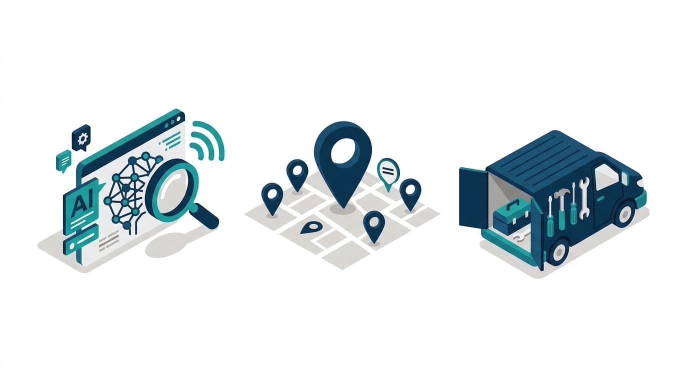 Professional B2B illustration of a generic AI search assistant icon next to local map pins and service van tools icons in subtle isometric flat hybrid style. Features high-contrast design with lots of white space, deep blue, teal, and warm gray palette, soft shadows, and crisp vector-like edges.