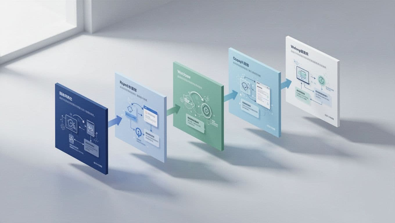 Sequence of isometric icons depicting GA4 event capture, ads filtering, CRM check, optimized bidding, and lead filtering pipeline in muted blue-green tones.