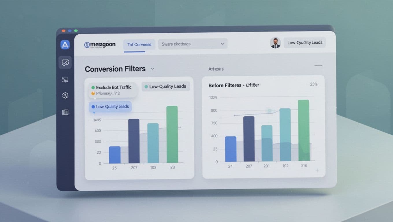 Isometric view of ads interface with conversion filters excluding bot traffic and low-quality leads, plus before-after charts.