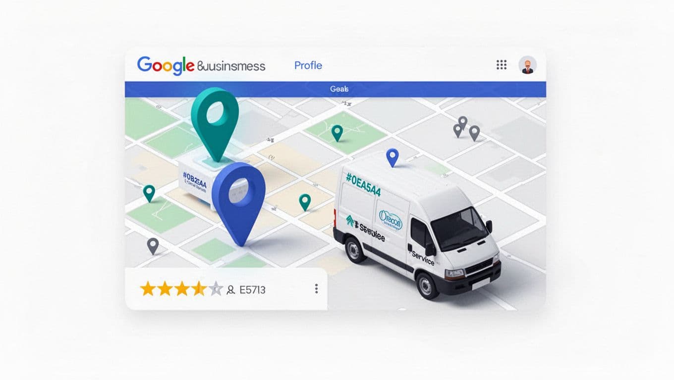 Professional B2B Google Business Profile card in subtle isometric flat hybrid style with map pin, review stars, service van icon, and local service elements. High-contrast design featuring deep blue, teal, warm gray colors, ample white space, soft shadows, and crisp edges, with no people, brands, text, or watermarks.