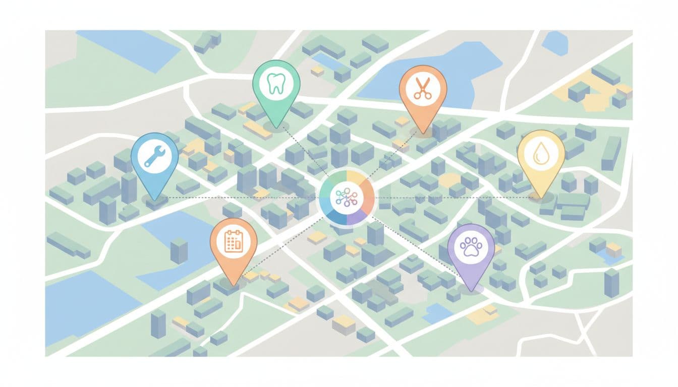 Illustrative isometric city map featuring five colored pins marking multi-location service businesses like plumbers and dentists, connected by lines to a central hub, with simple road and building outlines in pastel colors.