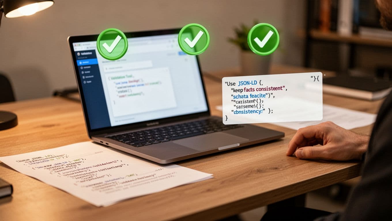 Realistic office desk setup with open laptop displaying blurred validation tool interface, nearby printed JSON-LD code snippet, floating green checkmarks for data consistency, warm lighting, and a single hand resting on the desk edge.