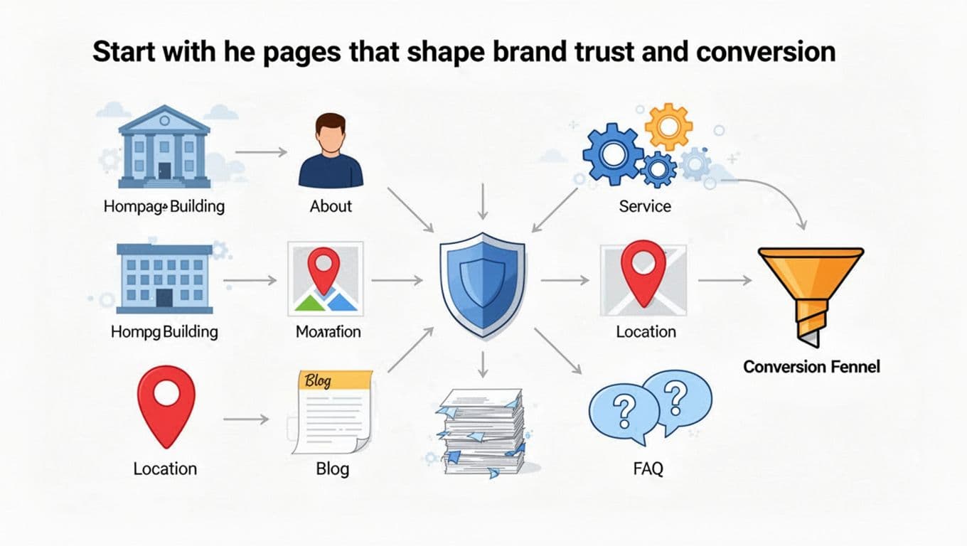 Minimalist infographic featuring icons for homepage, about, services, location, blog, and FAQ pages, connected by arrows to trust shield and conversion funnel icons in a clean flowchart on white background.