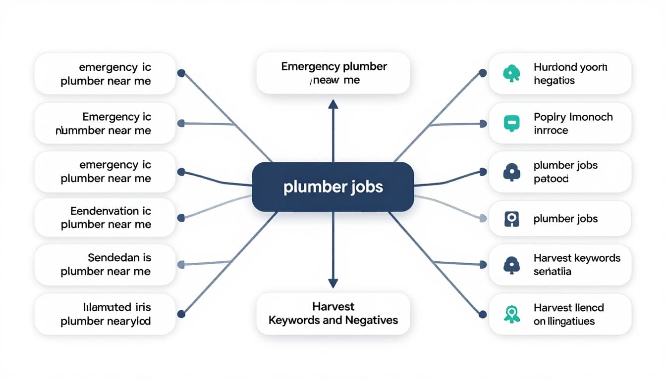 Infographic diagram showing keyword harvesting workflow: good search terms like 'emergency plumber near me' sorted to exact match keywords, bad terms like 'plumber jobs' marked as negatives, in abstract digital flow with branching paths.