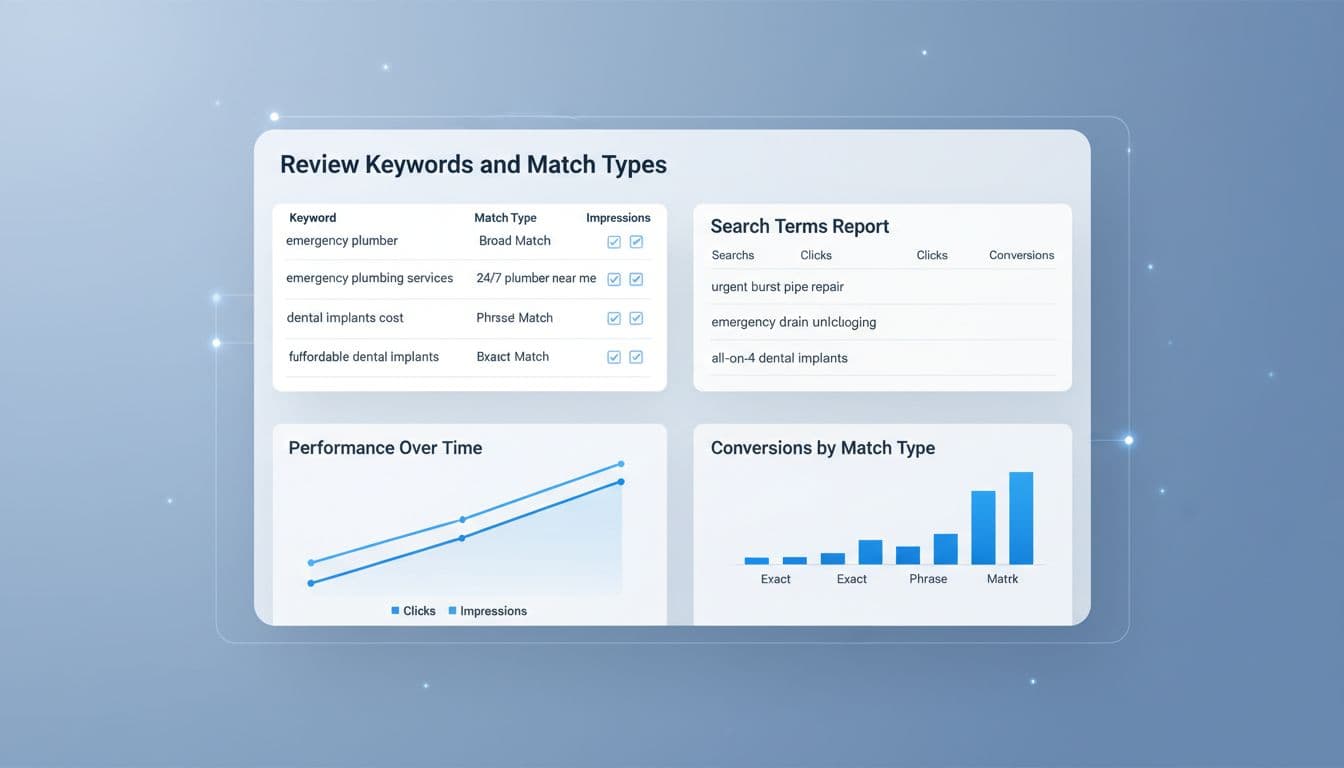 Sleek blue dashboard displays match types, search terms panels, and performance graphs.