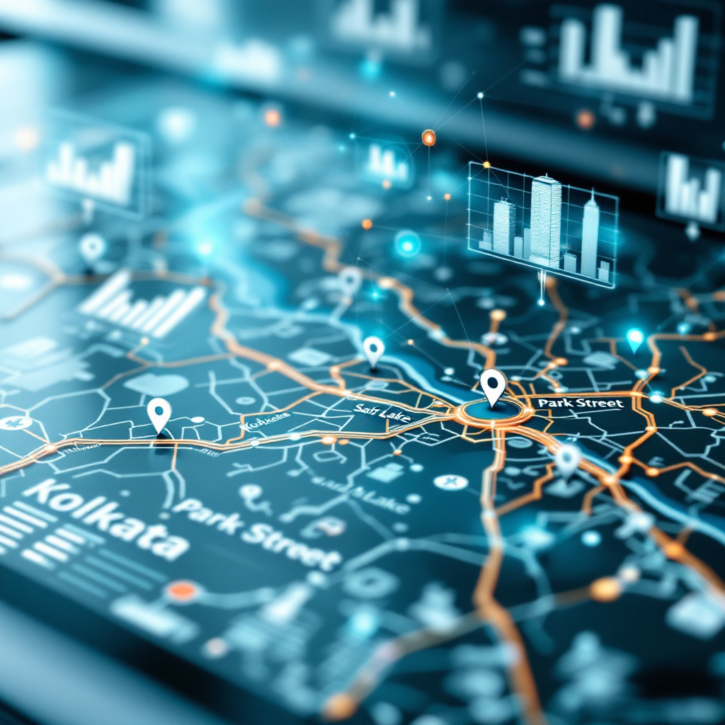 Photo realistic close-up of a digital map of Kolkata with Salt Lake and Park Street highlighted, showing connected business locations and data charts. Image created with AI.