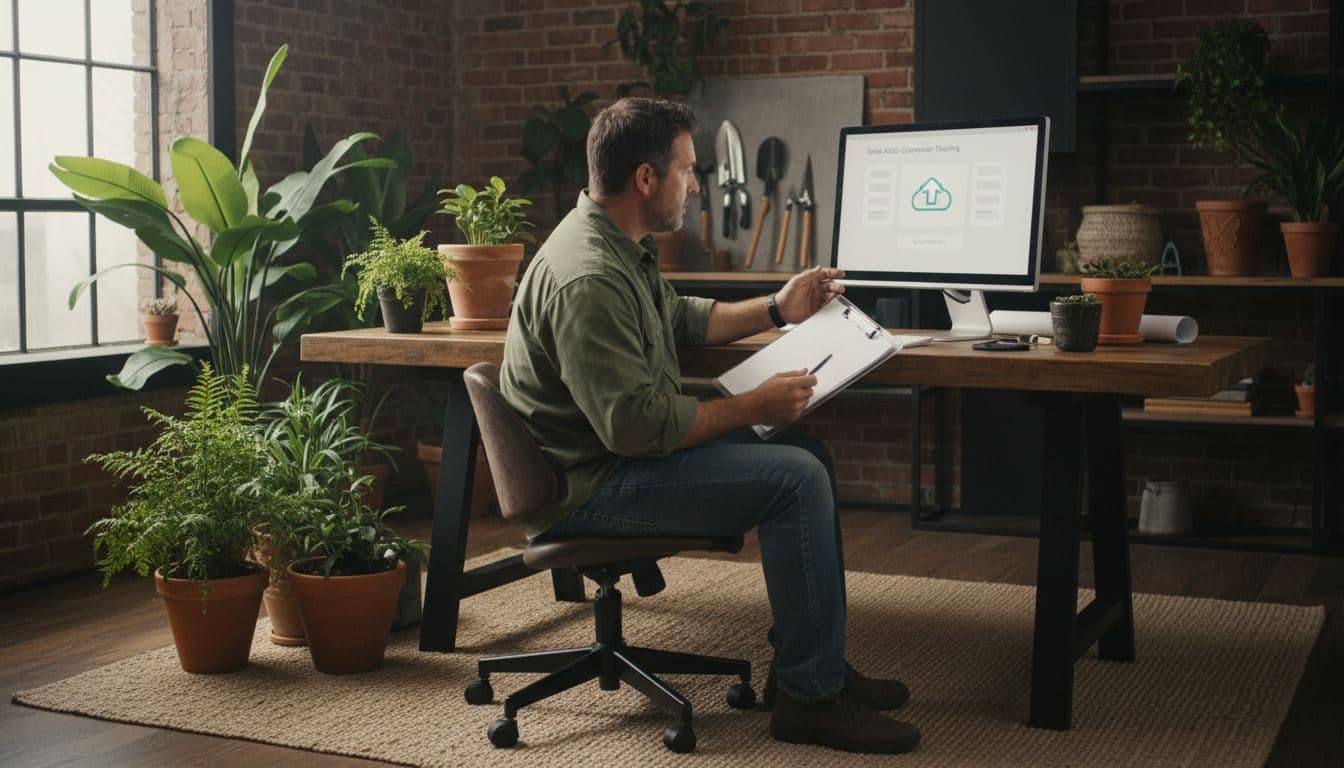 A landscaper uploads offline conversion data from a clipboard into the Google Ads interface on a desktop computer in an office with plants and tools, under soft natural light.
