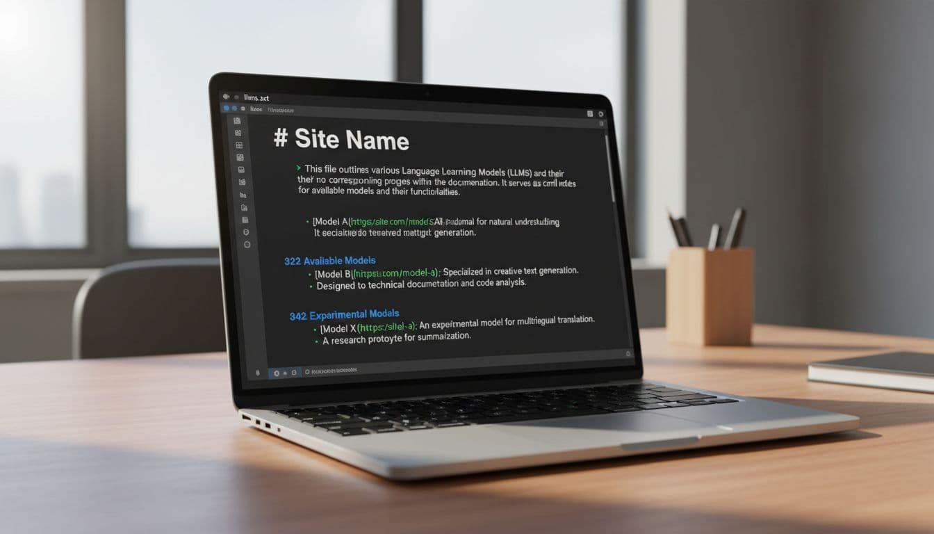 Clean modern code editor on a laptop screen displaying an open llms.txt file in Markdown format with H1 title, blockquote summary, and H2 sections with bullet points. Realistic office desk setting with soft natural light, dark theme, sharp focus on content, no distractions.