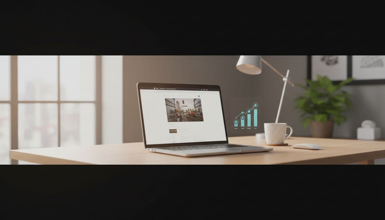 Laptop on modern desk shows fast-loading homepage beside Core Web Vitals graph, coffee mug, natural window light.