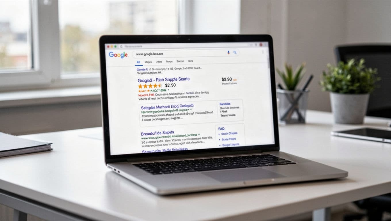 Photo-realistic scene of a laptop on a modern office desk showing a blurred Google search results page with rich snippets including star ratings, prices, FAQ sections, and breadcrumbs, lit by soft natural daylight.