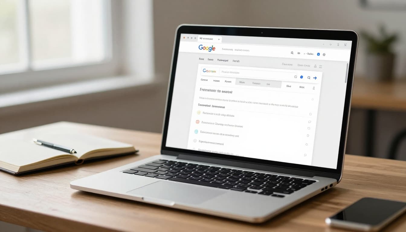 Photo-realistic laptop on wooden office desk shows blurred Google search results with prominent featured snippet box, notebook and pen nearby, soft natural light, no people or text readable.
