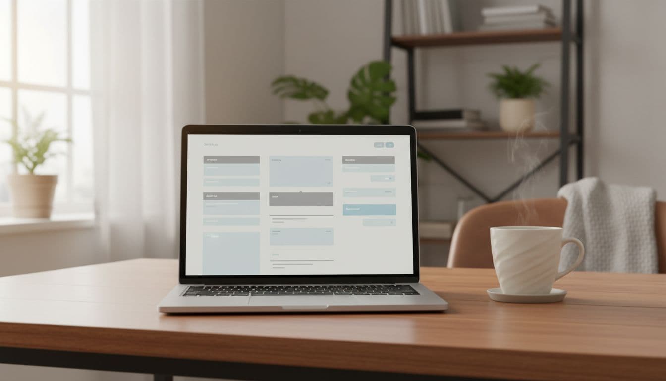 Photorealistic laptop centered on a wooden desk in a cozy home office, displaying a slightly blurred blank service area page template with placeholders and a coffee mug nearby under soft daylight. No people, hands, readable text, or additional devices are present, with content filling the entire frame.