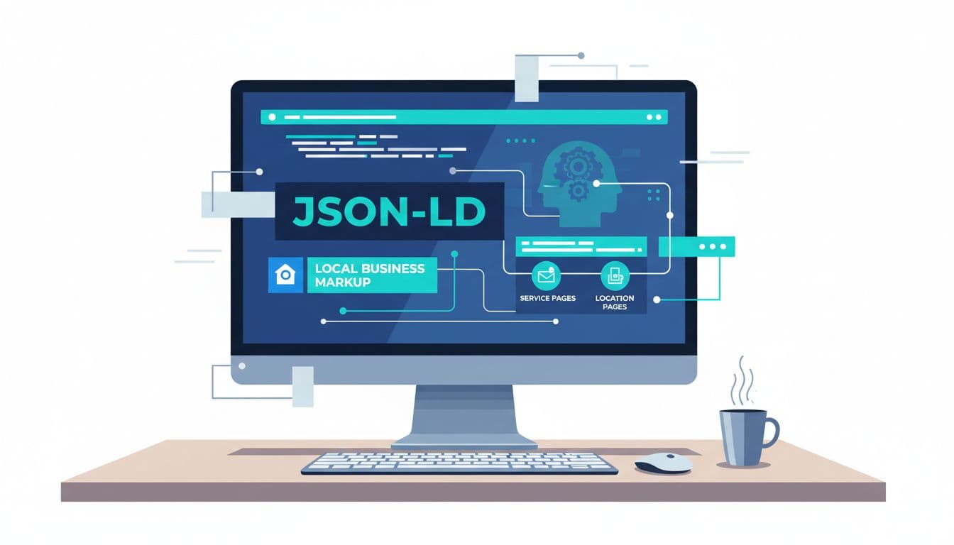 Clean illustration of a modern desk setup featuring a screen with JSON-LD code snippets for structured data schema on service and location pages for a law firm. Blue teal palette in landscape editorial style with one screen and keyboard, no people or readable text.