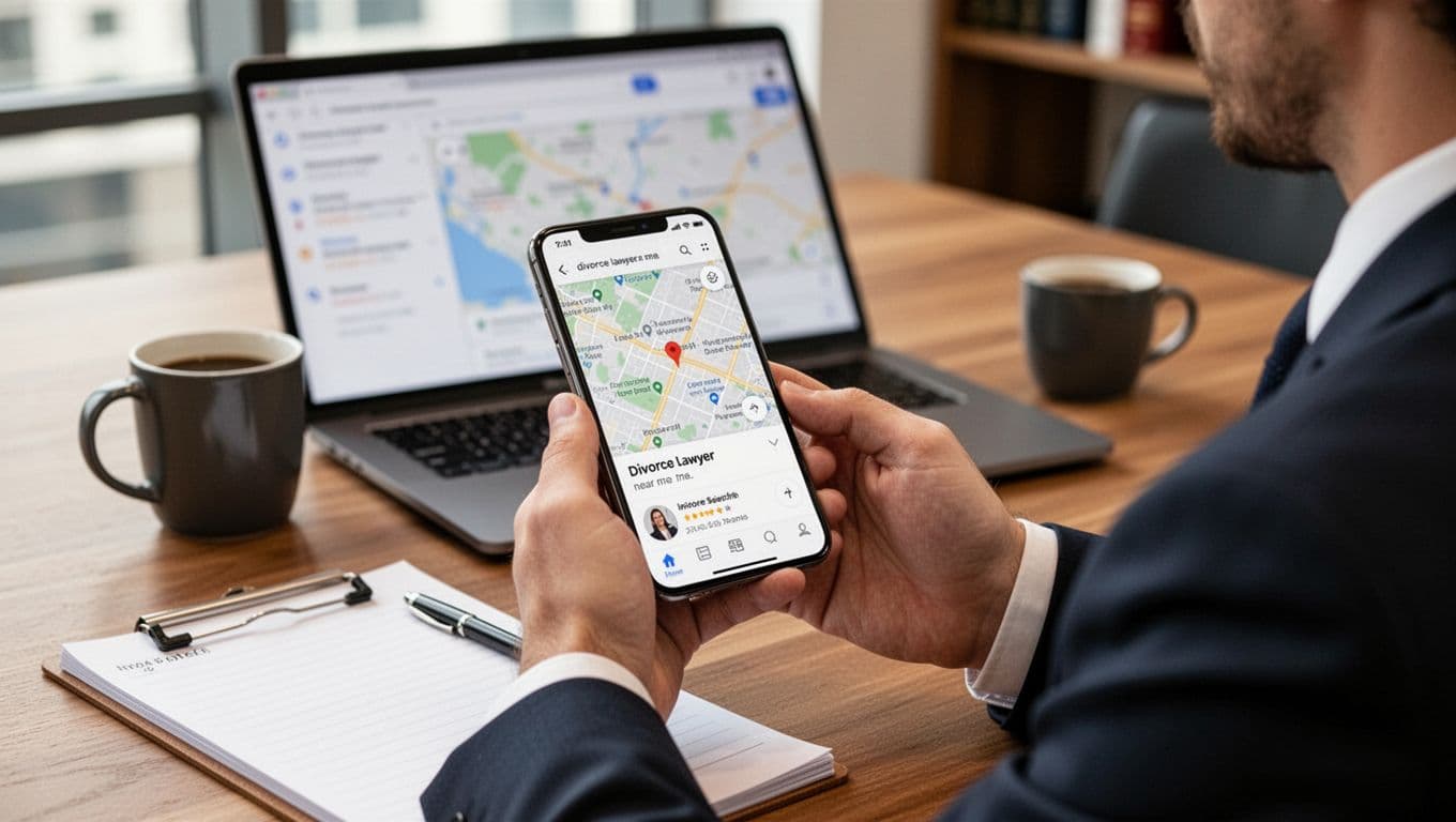 A professional lawyer in a modern law office checks 'divorce lawyer near me' local search results on a smartphone, with a desk featuring laptop, coffee mug, and legal pad. Close composition on the phone screen showing blurred map results, photo-realistic image in natural daylight.