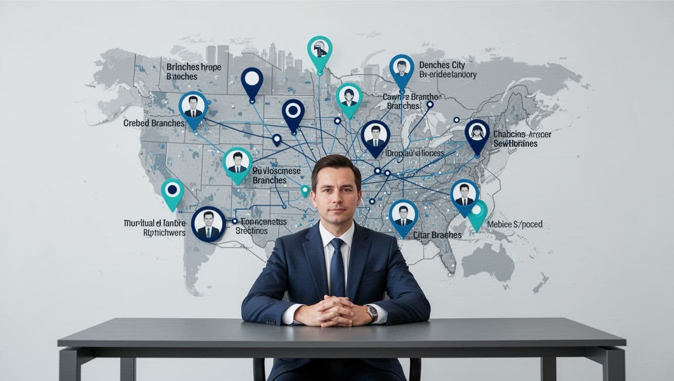 Minimalist vector illustration from a desk view showing a city map with precise pins for lawyer branches and practitioners connected by lines, featuring one relaxed person with hands visible in high contrast blues, teals, and charcoal on a light background.