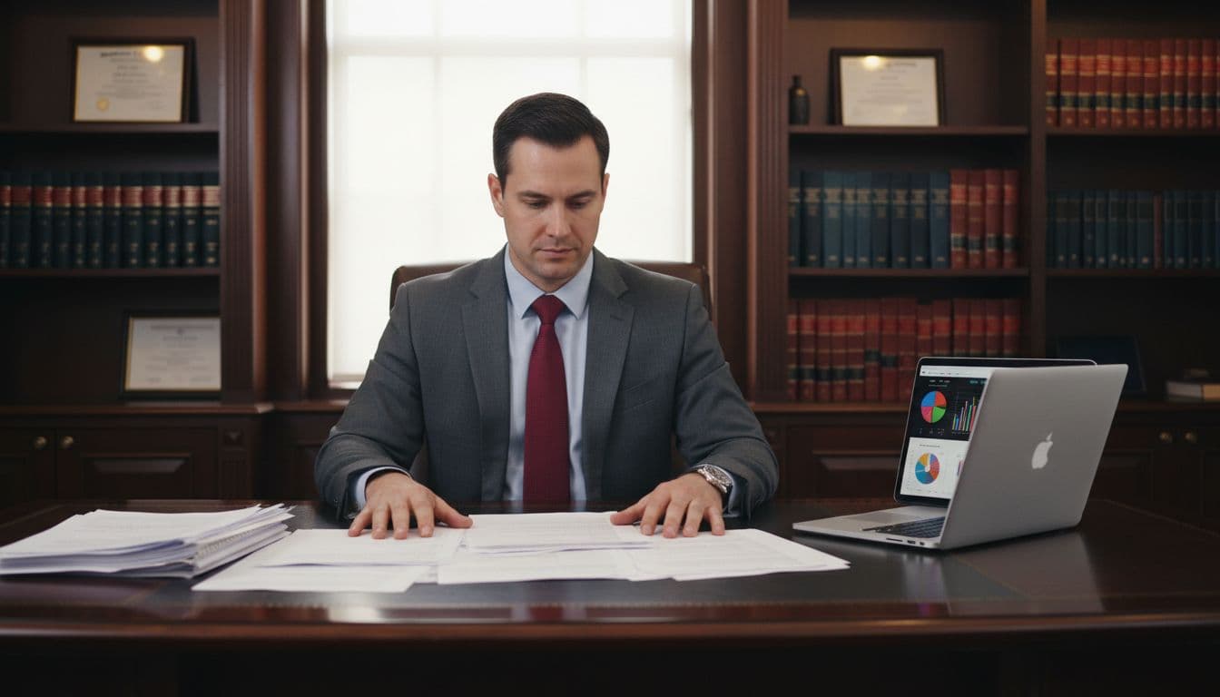 Suited lawyer sits at executive desk reviewing printed reports beside open laptop with blurred experiment dashboard in book-lined office.