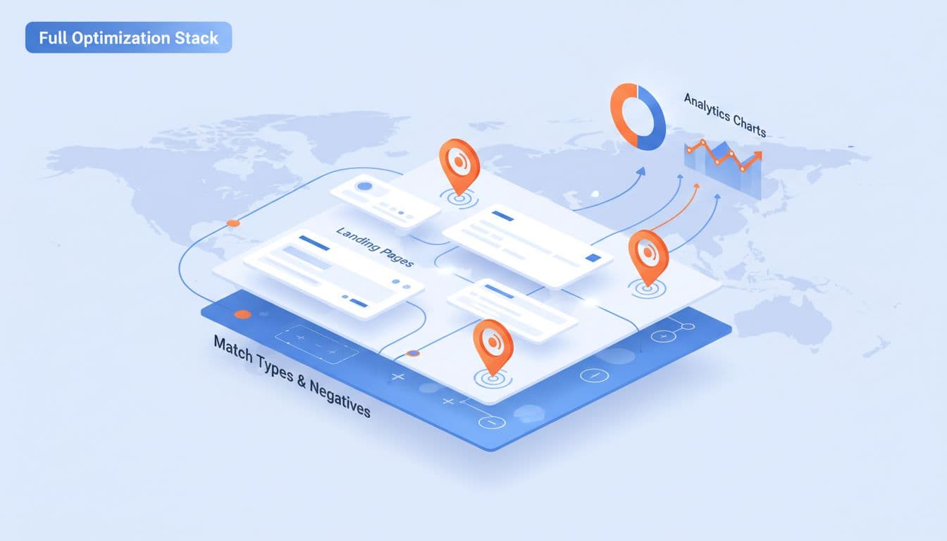 Clean modern illustration of layered Google Ads strategy featuring match types, negatives, landing pages, location pins, and analytics charts for med spa leads. Integrated graphic elements in blue, white, and orange with SaaS dashboard vibe, soft lighting, no text, one chart prop, no humans.