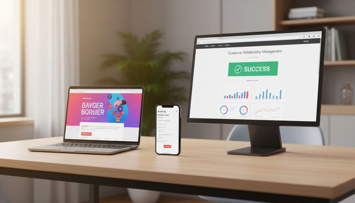 Three devices on a modern office table showing a lead funnel sequence: laptop with landing page ad, phone with booking form, and desktop with CRM dashboard success, arranged sequentially with soft lighting.