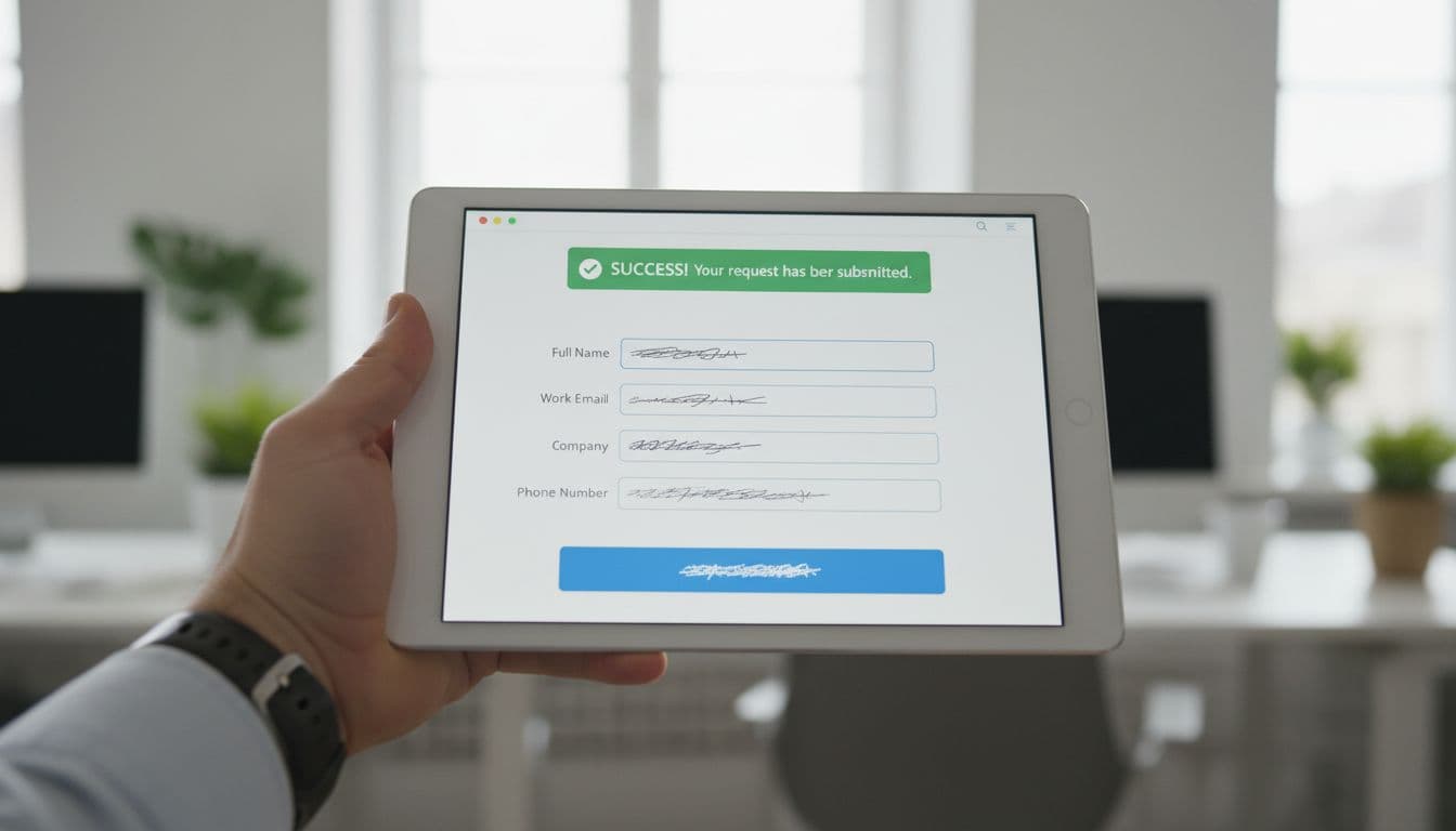 Close-up of a lead generation form on a tablet held by one hand, displaying a success confirmation message after submission, with an office background and bright lighting.