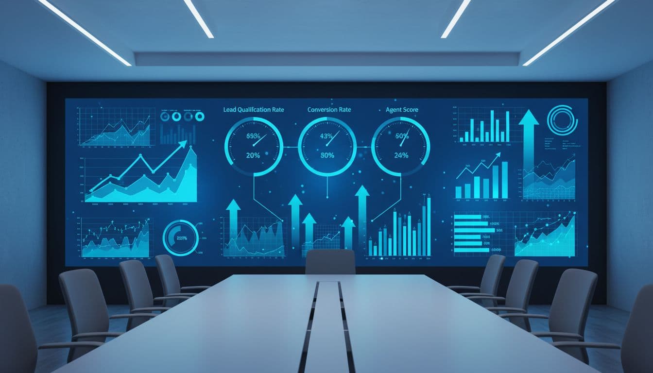 Dashboard charts on a large screen in a meeting room showing rising KPIs like lead qualification rate, conversion rate, and agent score in modern blue-toned analytics style. Realistic rendering with graphs and metrics, no people, text labels, or logos.