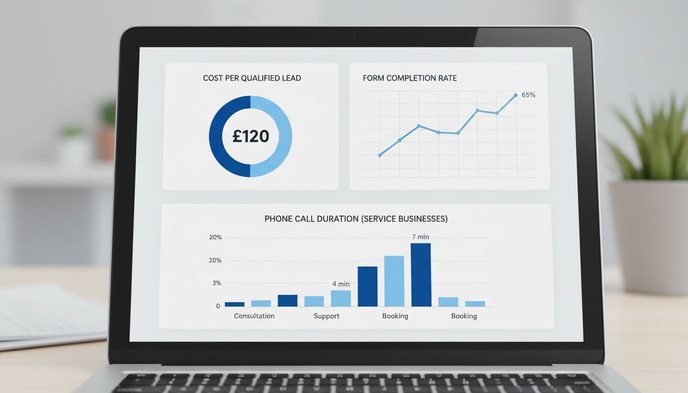 Laptop screen shows charts and graphs for lead quality metrics in blue and white.
