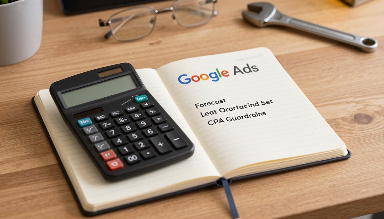 Calculator and notebook on a desk for calculating leads forecast and CPA targets for Google Ads, with HVAC tools like a wrench in the background; realistic photo with warm desk lamp lighting.