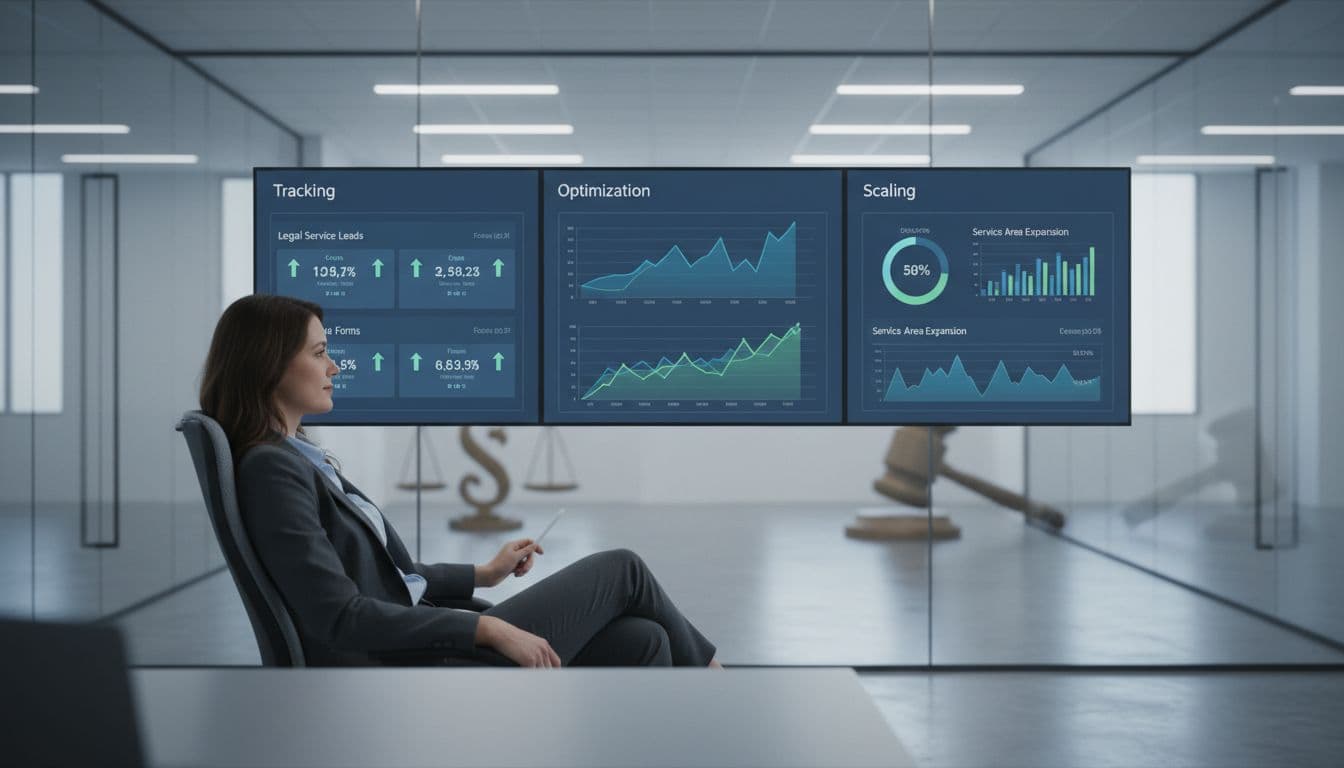 Analytics dashboard tracks remarketing performance metrics for legal service leads including calls and forms, with graphs showing optimization trends in a modern agency office; one relaxed analyst reviews the data.