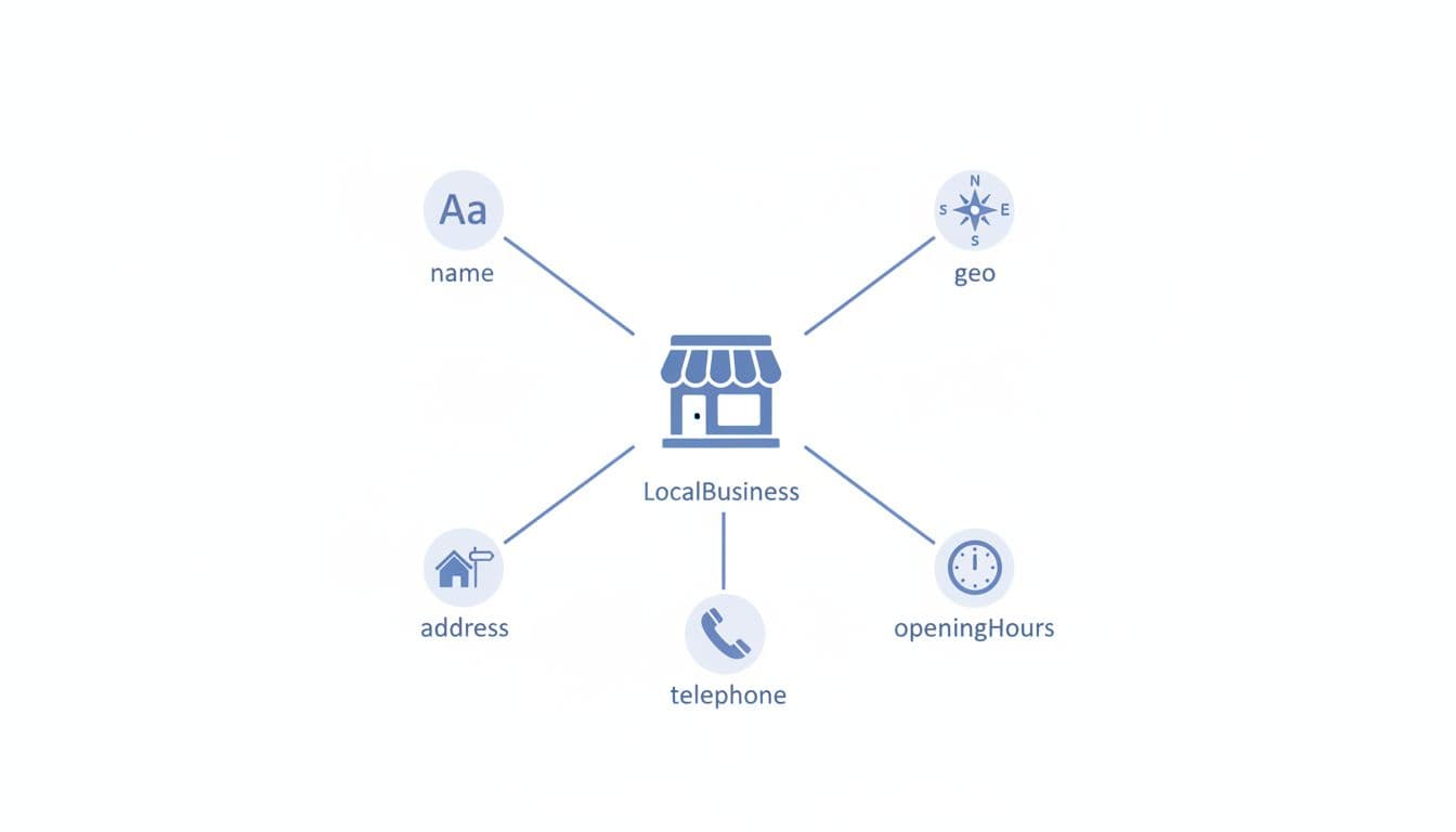 Clean minimalistic vector diagram of Schema.org LocalBusiness schema hierarchy, displaying key properties like name, address, telephone, opening hours, and geo coordinates with simple icons on a white background.