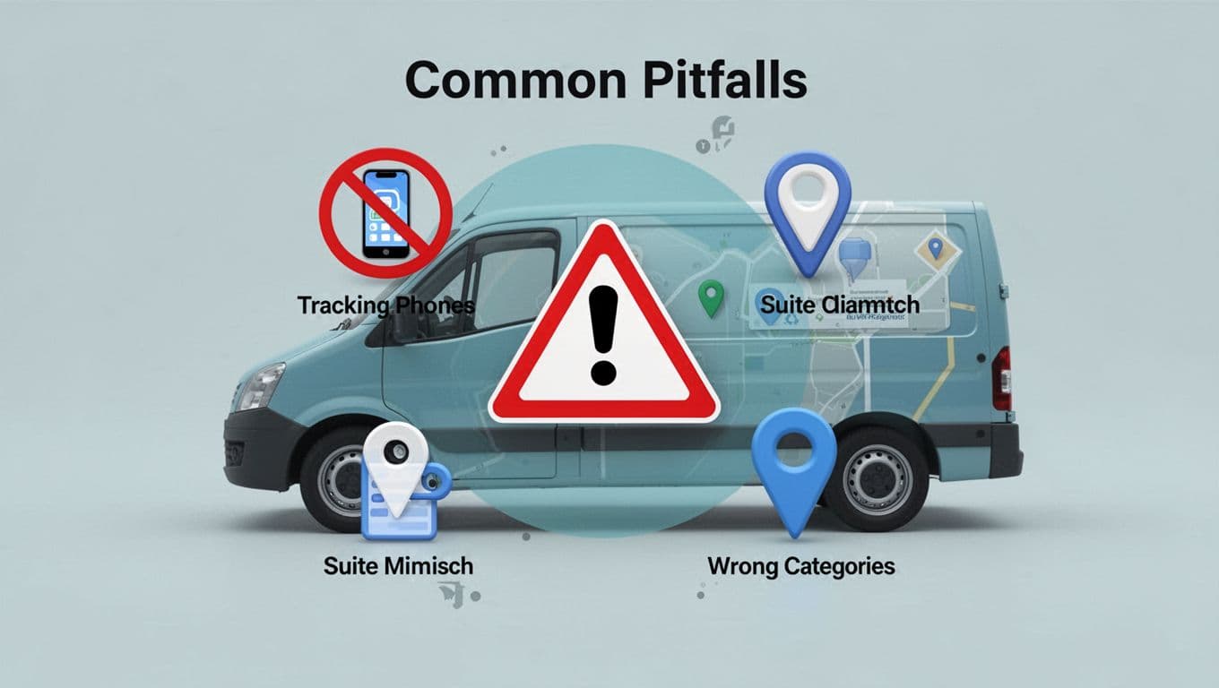 Minimalist vector icons depicting common local citation errors: crossed-out tracking phone, suite mismatch, duplicate pins, wrong categories around a central warning sign on a service van background in blues, teals, and charcoal.