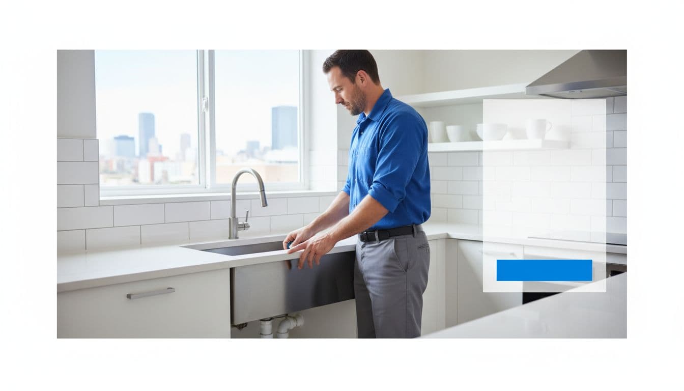Plumber repairs sink in bright kitchen with subtle city skyline through window.